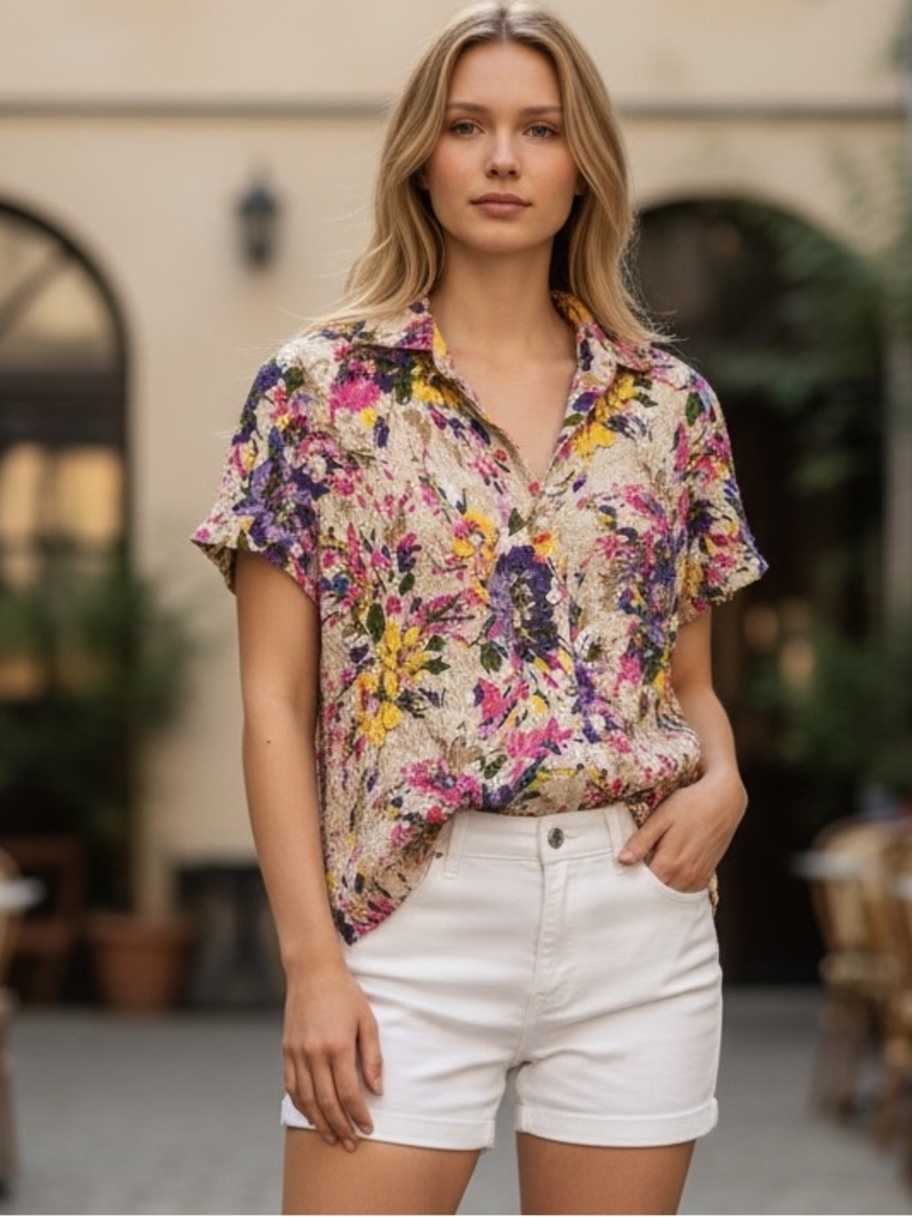 Erika Textured Floral Button-Down Top — Cream with Pink, Purple & Yellow